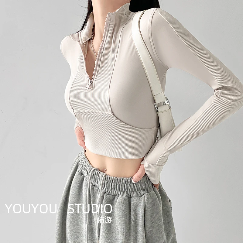 瑜伽服女秋冬款半拉链紧身长袖跑步运动上衣32056