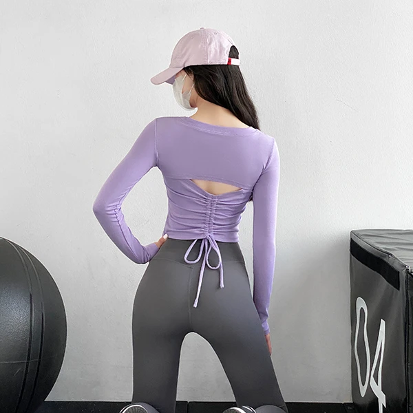 运动瑜伽服女健身弹力显瘦时尚后背抽绳长袖上衣32047Y
