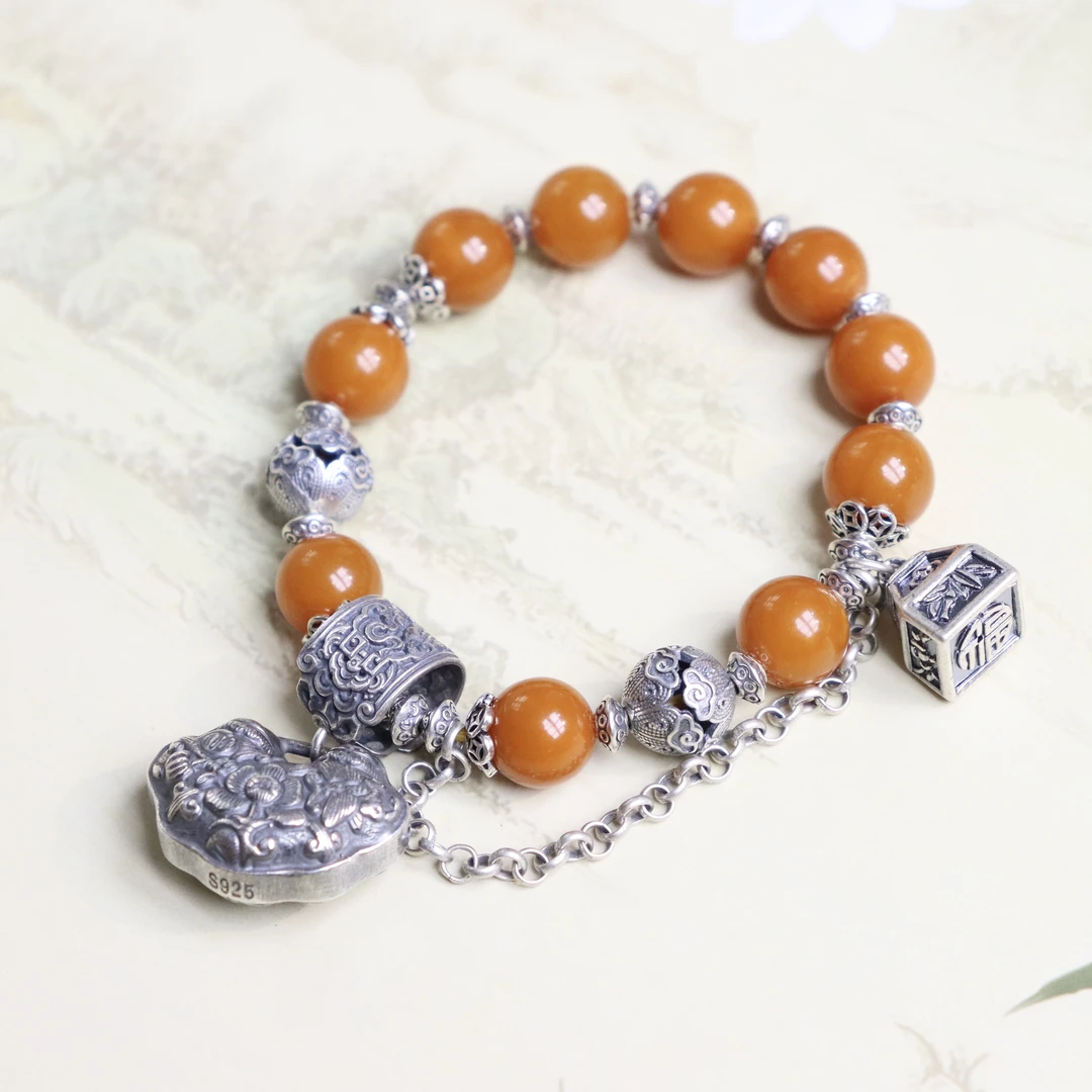 S925银复古精美天然琥珀蜜蜡单圈时尚如意蜜蜡手串手链手饰