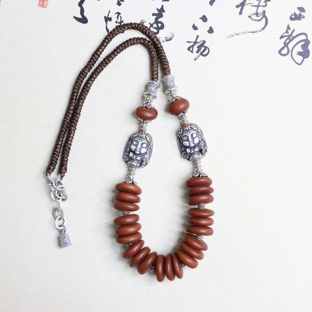 天然琥珀蜜蜡925银度母饼子设计款时尚复古百搭长款项链吊坠颈饰
