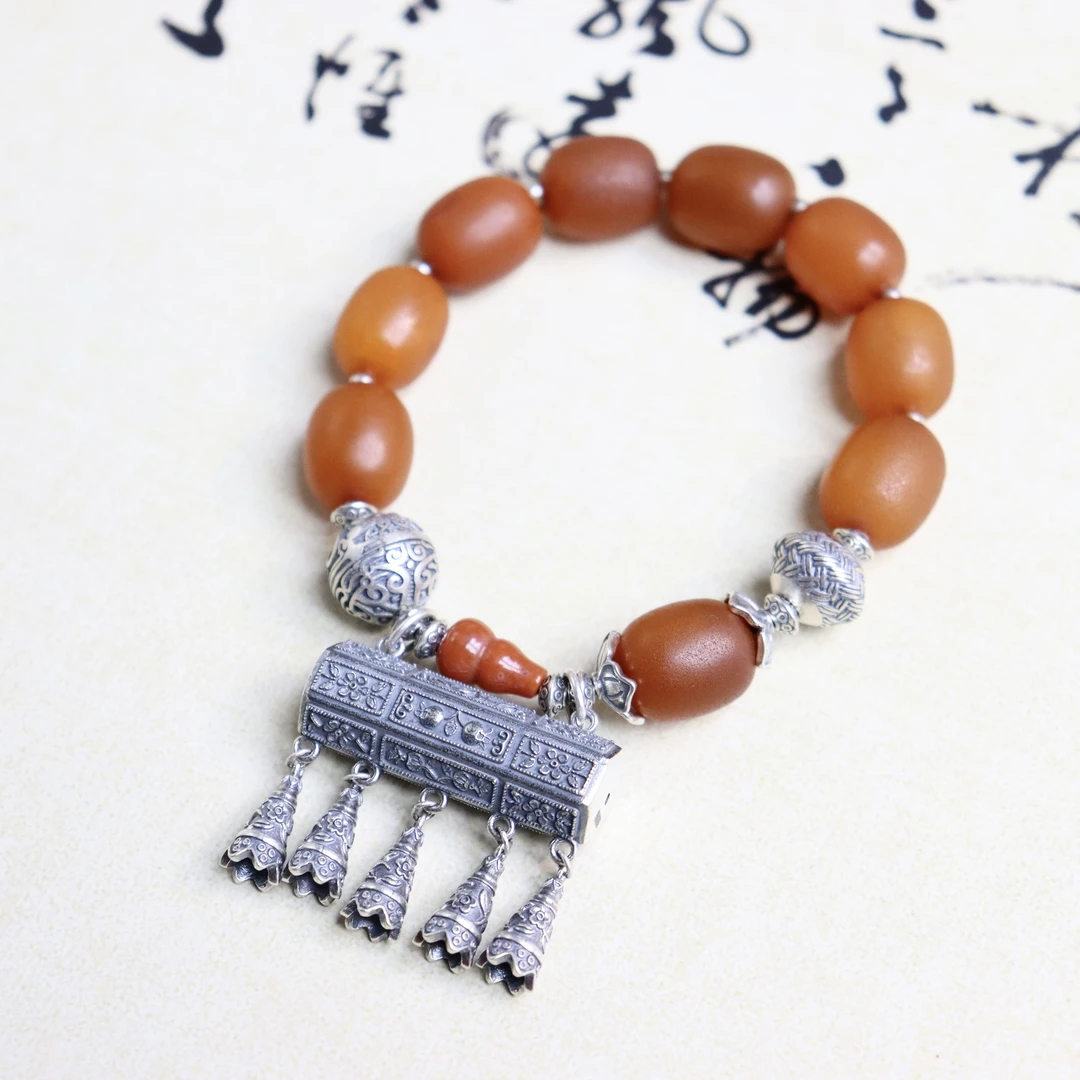 天然琥珀蜜蜡枣珠单圈原创设计925银个性复古女款蜜蜡手串手饰