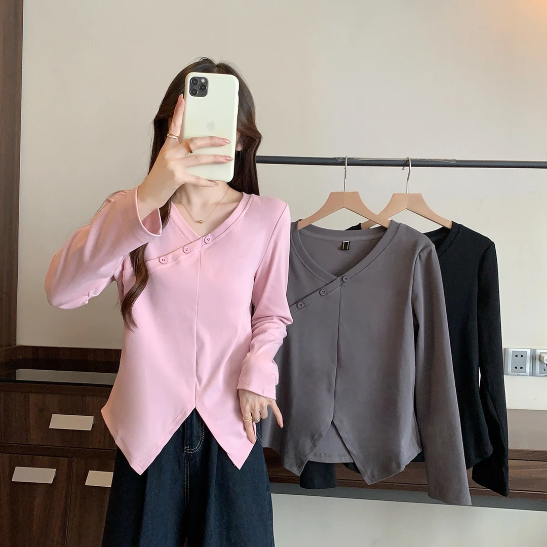 清2024秋装大码不规则长袖T恤显瘦打底衫正肩上衣63576