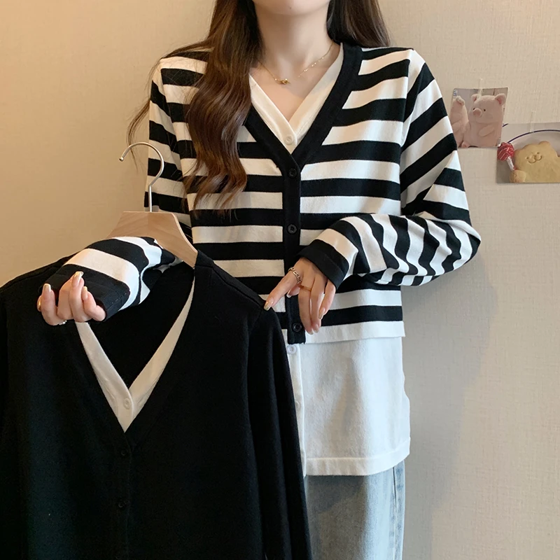 68507清大码女时尚撞色针织衫2024年秋季新款拼接假两件开衫外套