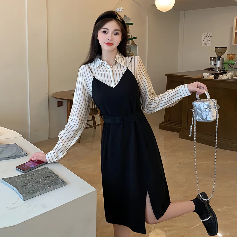 13217清大码女装2024秋季新款微胖妹妹时尚洋气拼接假两件连衣裙