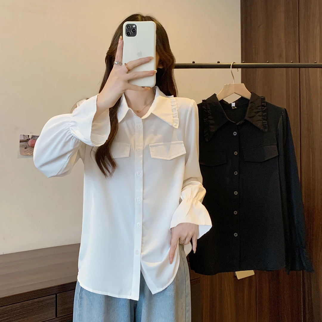 清13182大码女2024秋季新款胖mm时尚拼接荷叶边衬衫休闲百搭上衣