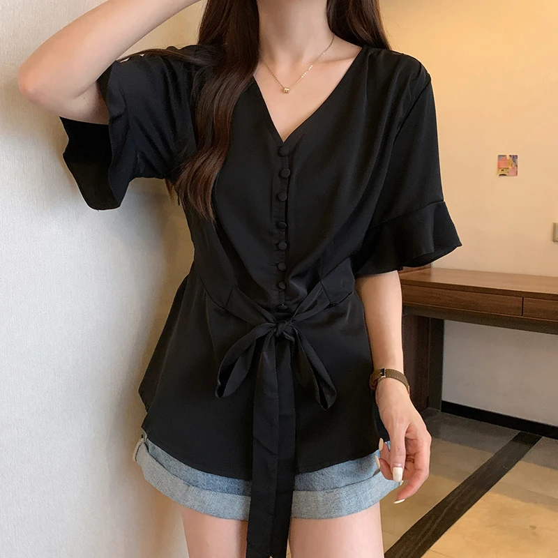11089清大码女装2024夏季款洋气减龄收腰显瘦遮肚气质V领衬衫上衣