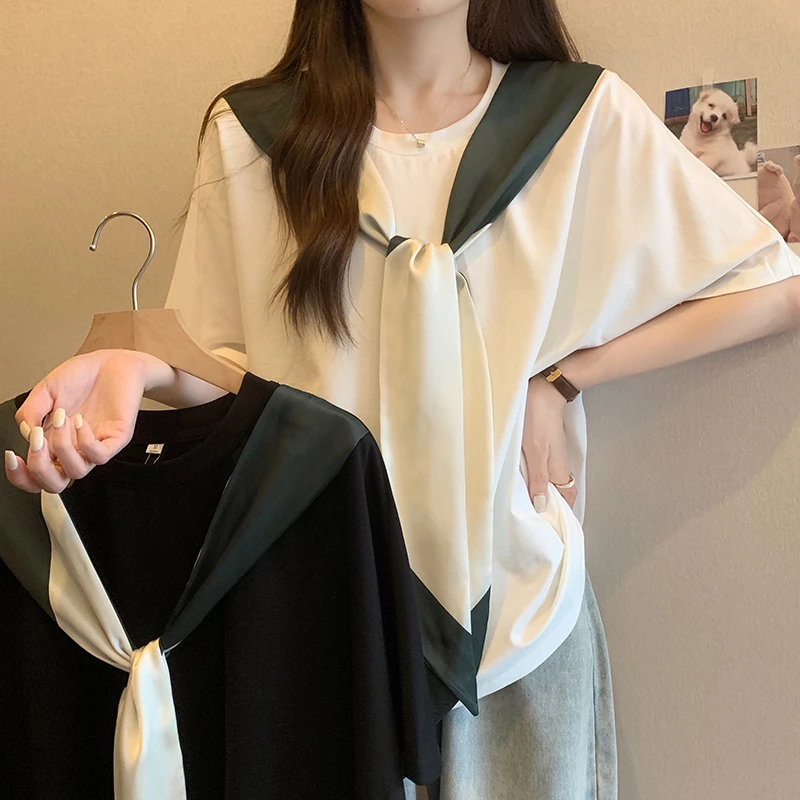 61126清大码女装2024年夏季新款微胖妹妹气质休闲拼接短袖时尚T恤