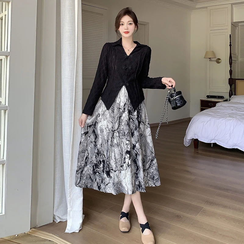 61559大码女装2025春季新款洋气法式上衣遮肉半身裙复古国风套装