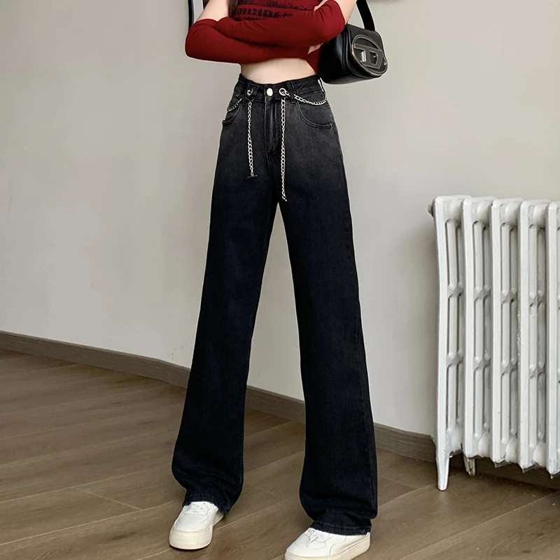 65081清大码女2024秋季新款韩版时尚拼接撞色高腰阔腿直筒牛仔裤