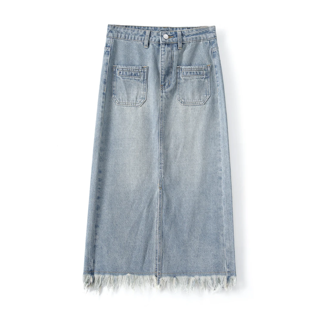 65437胖mm大码女装2025夏季新款复古流苏毛边显瘦开叉牛仔半身裙