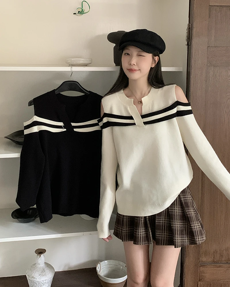 现大码女春季胖mm设计感黑白拼接毛衣法式露肩内搭针织衫69271