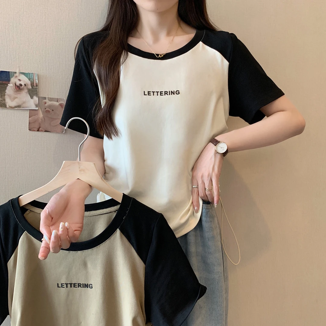 清63060大码女装2025夏胖妹妹百搭设计感抽绳T恤正肩显瘦撞色上衣