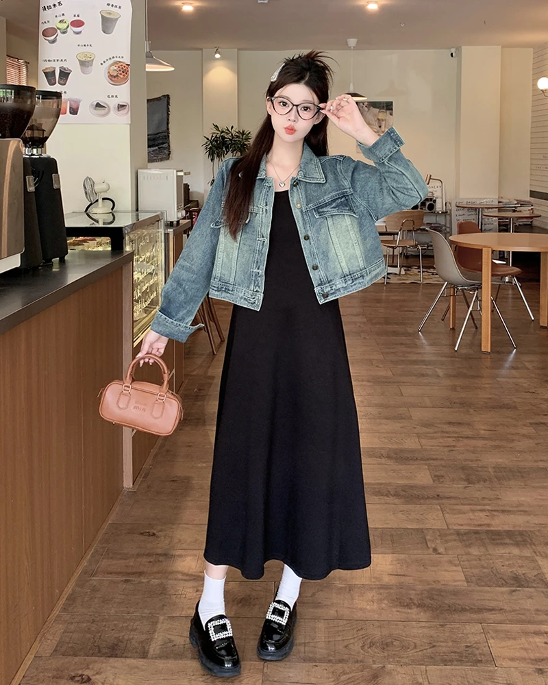 清胖mm大码女秋季复古设计感牛仔外套吊带裙两件套65499+63701