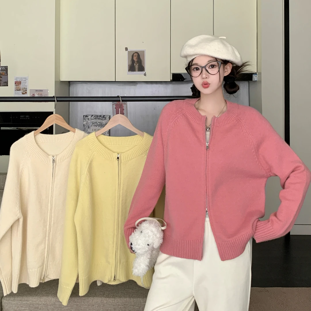 清大码女装2024年秋冬新款气质温柔风甜美拉链长袖针织毛衣68613