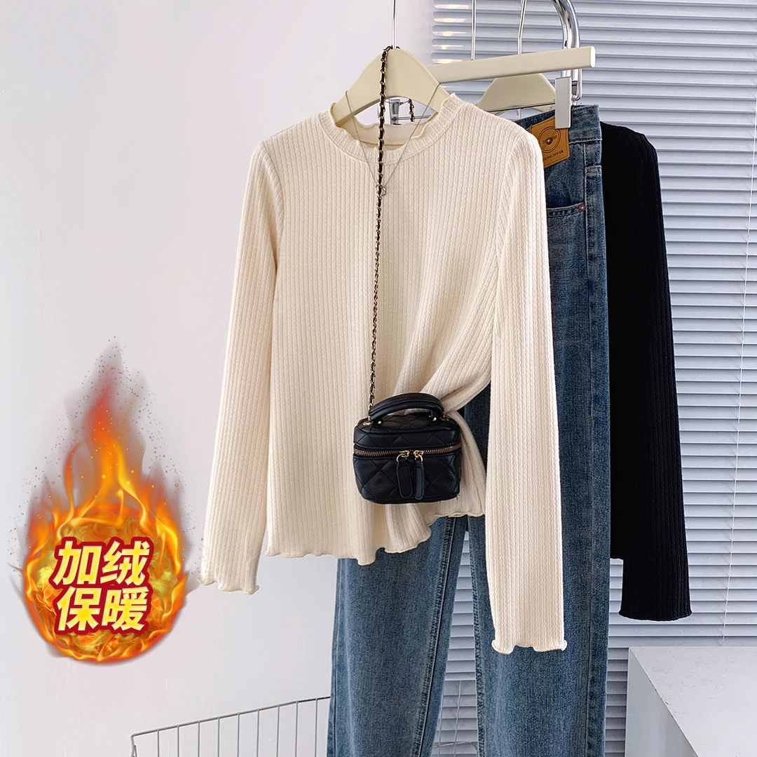 【马二喜专属】大码加绒保暖长袖打底衫T恤木耳边别致内搭上衣61989