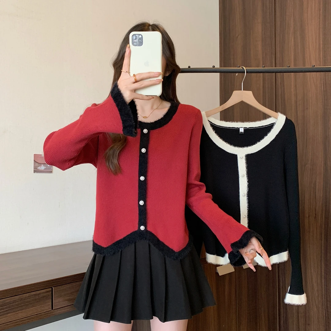 69078清大码女胖mm2024秋冬新款显瘦小香风毛衣遮肚子打底针织衫