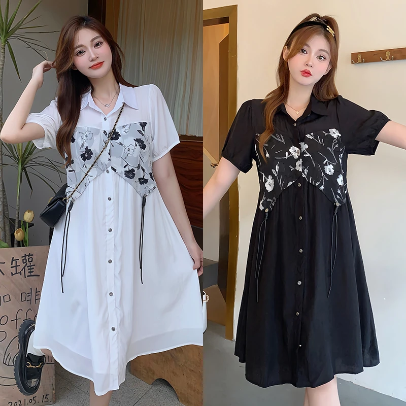 清61365大码女2025夏季新款胖mm气质翻领拼接裙子法式收腰连衣裙