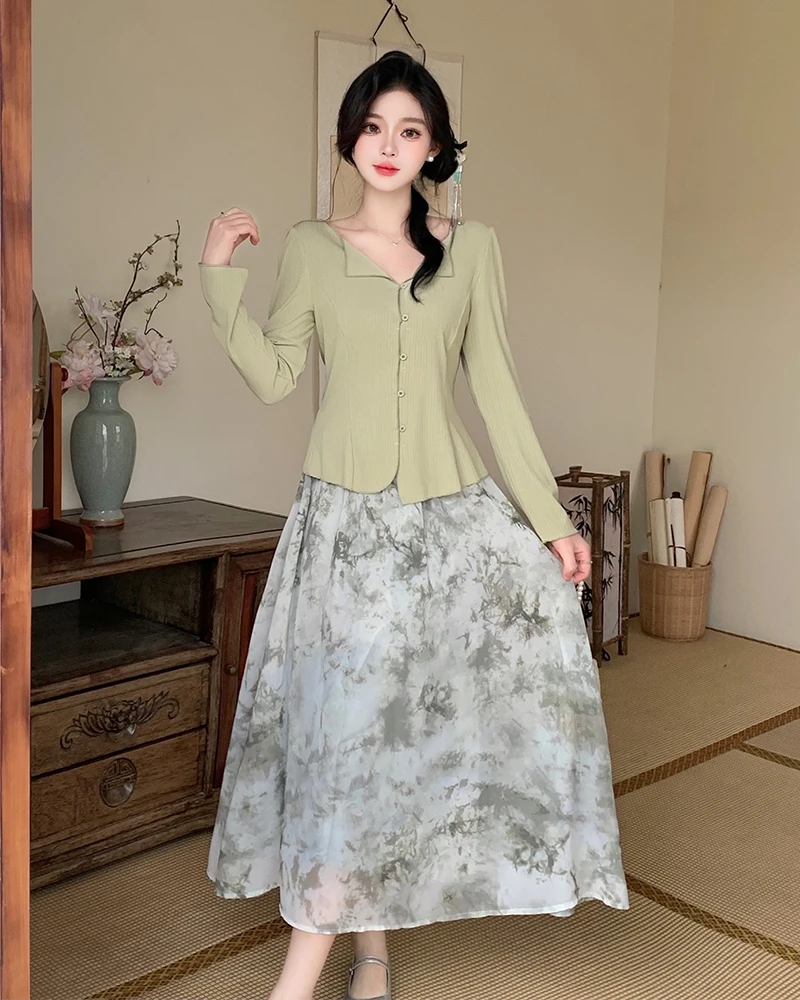 62123胖mm大码女装2025秋季温柔开衫复古半身裙新中式古风两件套