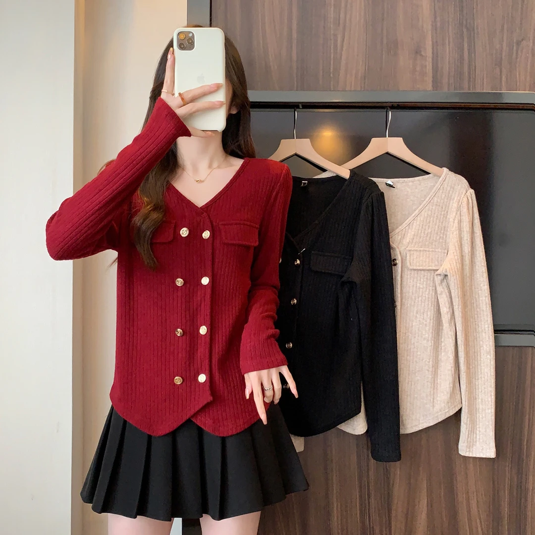 清长61883大码女装2024秋季新款洋气设计感针织衬衣休闲打底上衣