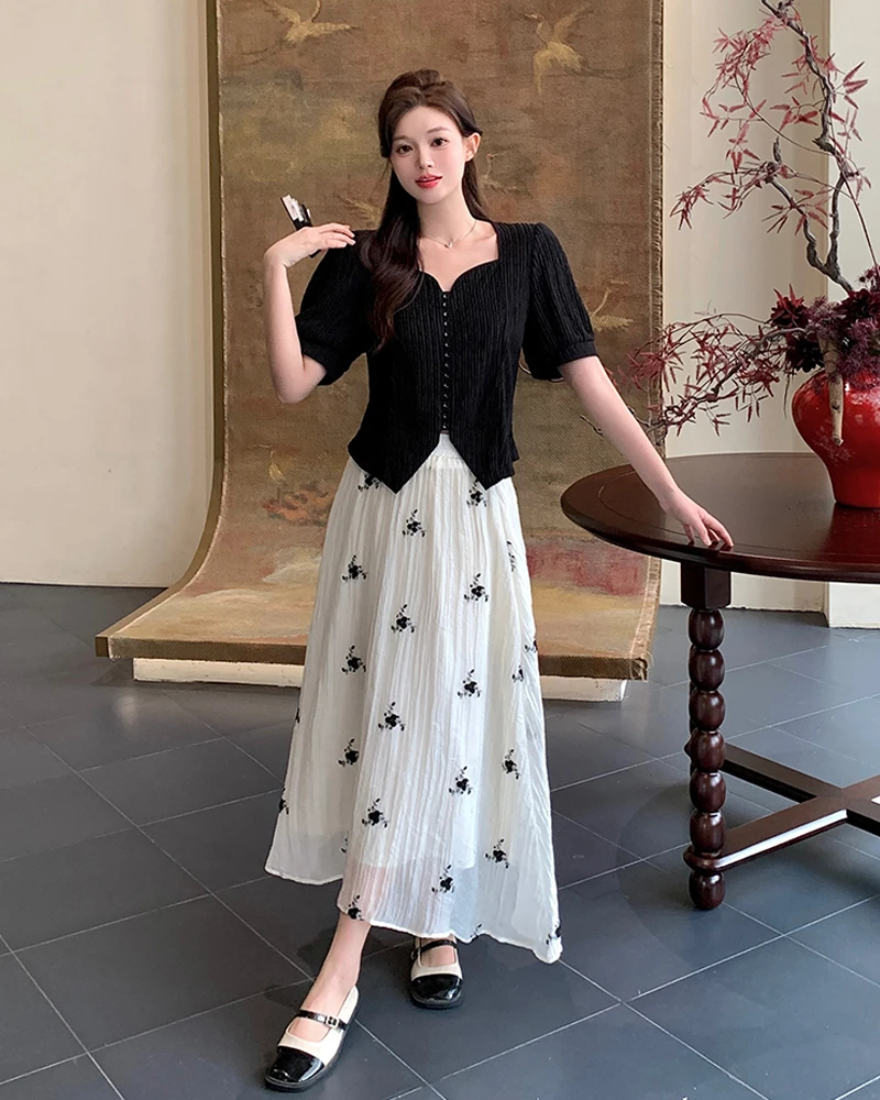 【瑶瑶专属 】63330大码夏季法式开叉方领上衣高腰显瘦半身裙套装