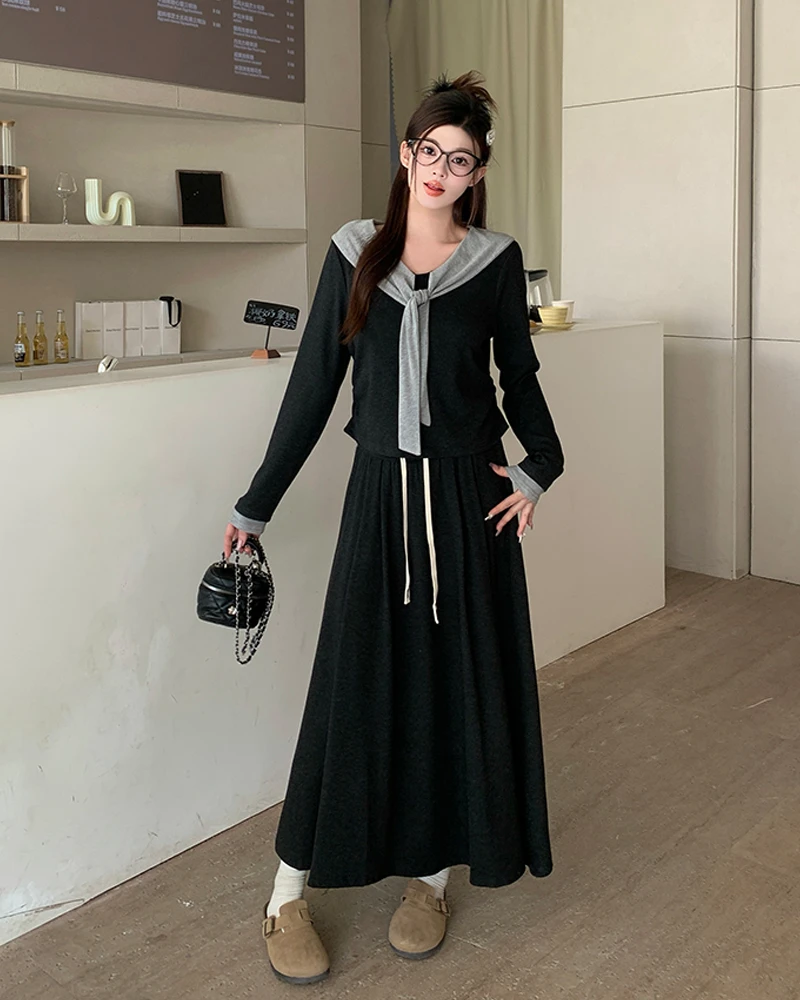 【鱼白专属】大码秋冬法式海军领上衣高腰半身裙两件套63736+63642