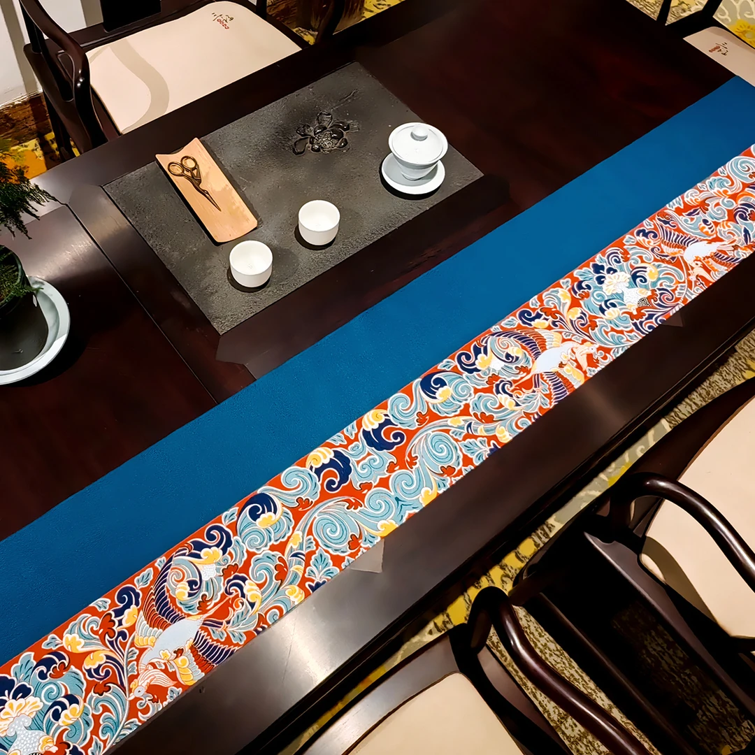 缠枝凤鸟新中式防水桌旗办公室20cm25cm宽长条极窄中国风茶旗茶席