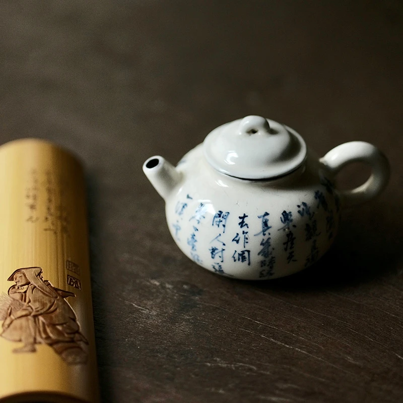 粉引开片茶壶 陶壶 青花诗文泡壶 手作执把壶可养100ml