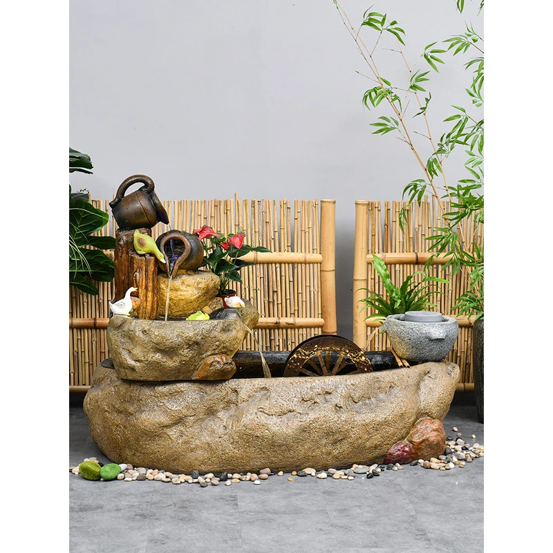 假山流水阳台鱼池循环水落地庭院花园布置石头造景喷泉微景观摆件
