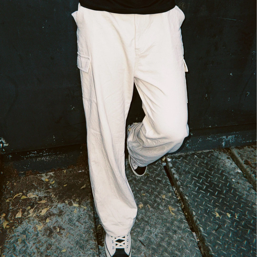 OaOO微喇米白色口袋工装裤秋冬男士廓形直筒慵懒风休闲裤长裤子