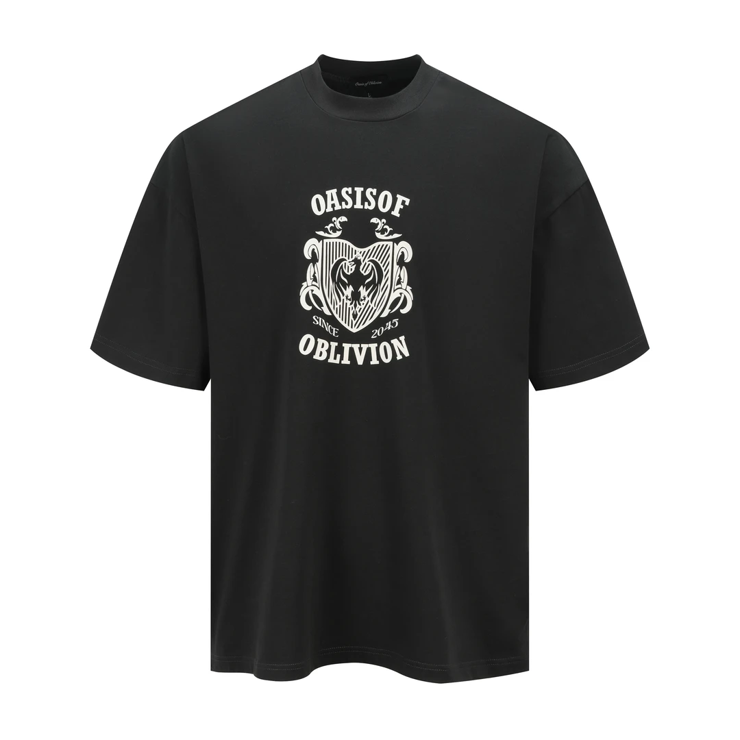 OaOO「O'斯拉」龙徽章微高领纯棉T恤 美式复古印花短袖上衣男