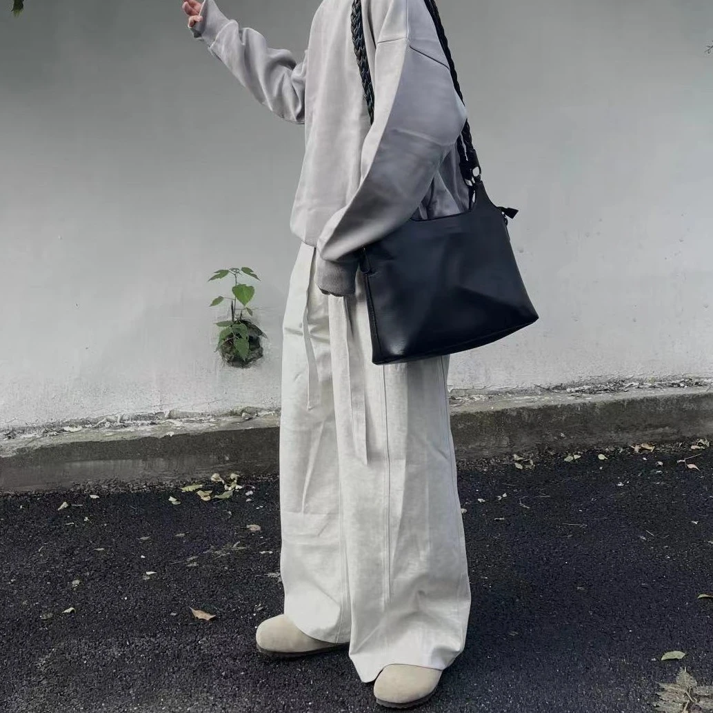 OaOO垂感阔腿飘带卫裤 双色加长款高级直筒休闲宽松拖地裤情侣