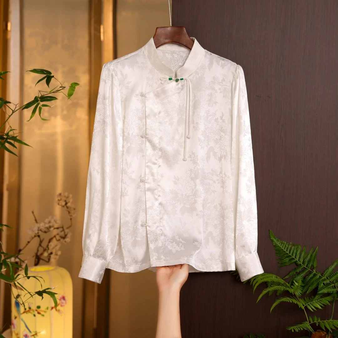 国风达人-银衫丨新中式改良提花时尚唐装上衣长袖立领衬衫9222