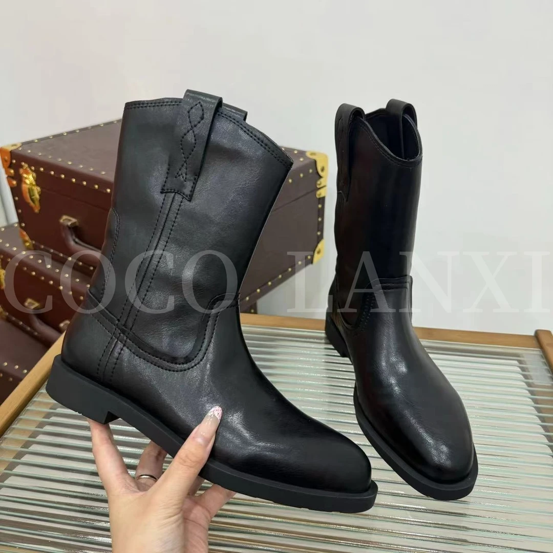 【茜妍】牛皮短靴牛仔时尚百搭女士黑色骑士短靴24XZ498LX