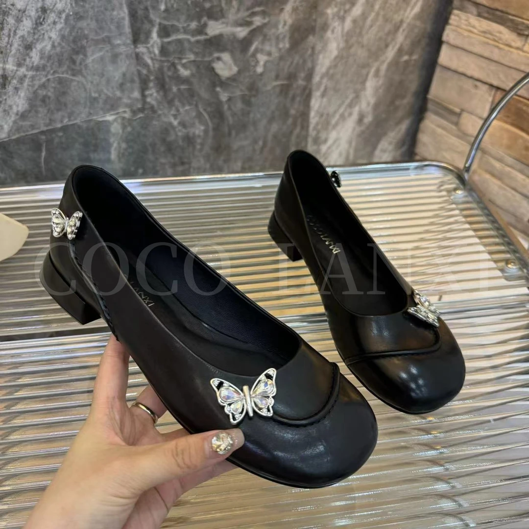 【KAGE】气质优雅真皮软底浅口低跟女士圆头百搭小单鞋24DX269LX