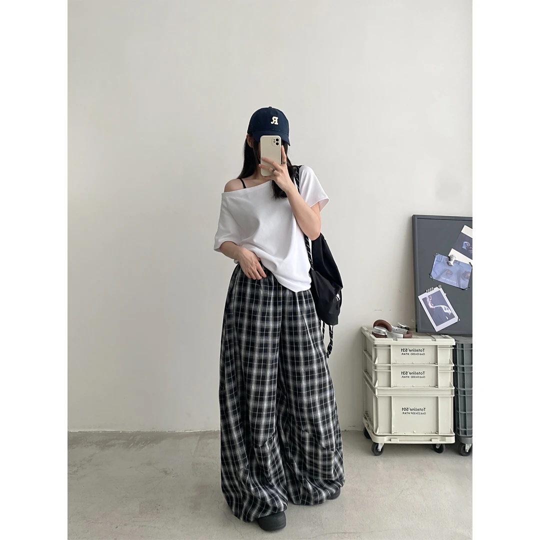 格子休闲裤女夏季宽松阔腿裤高腰直筒长裤垂感拖地裤子