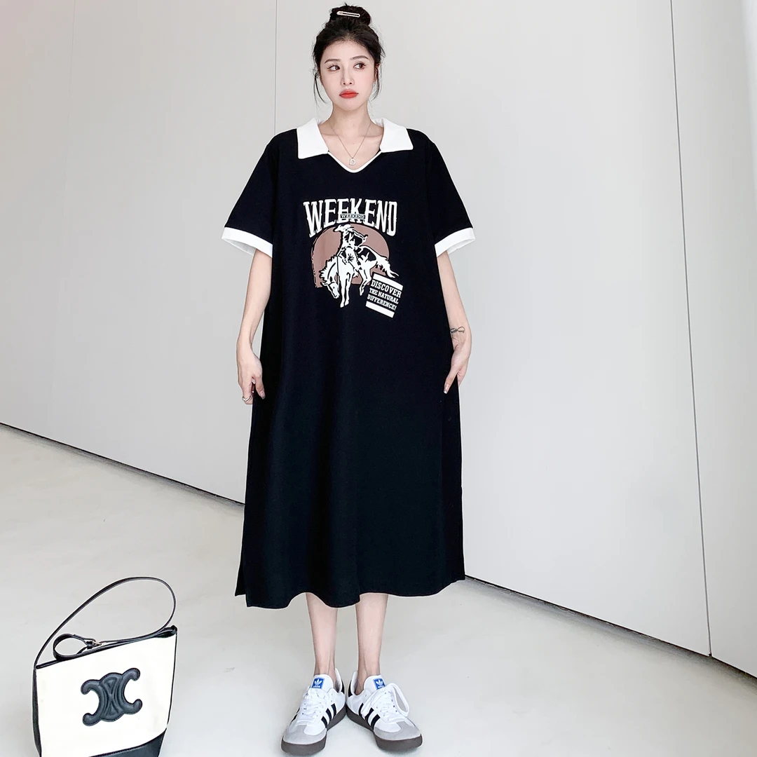 2024夏新款/大码polo直筒A摆裙子大码显瘦中长款连衣裙