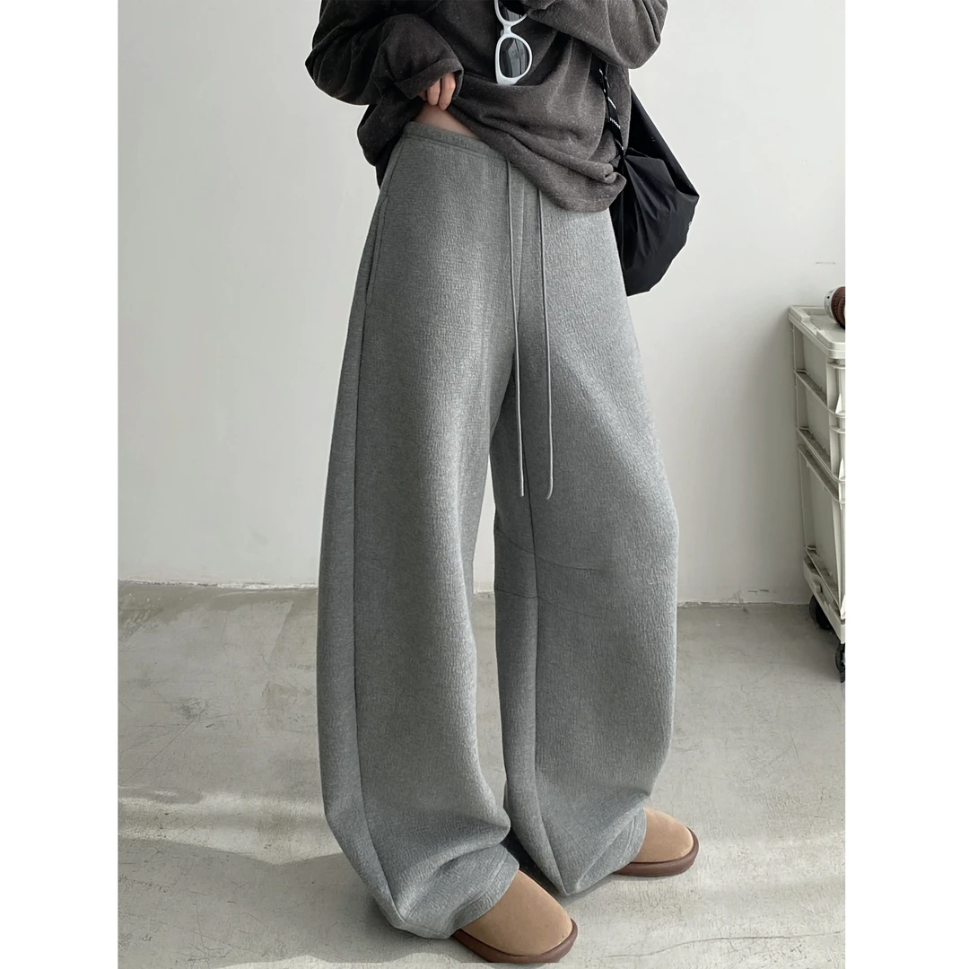 抽绳卫裤女春秋季宽松阔腿裤直筒休闲裤拖地长裤慵懒风裤子