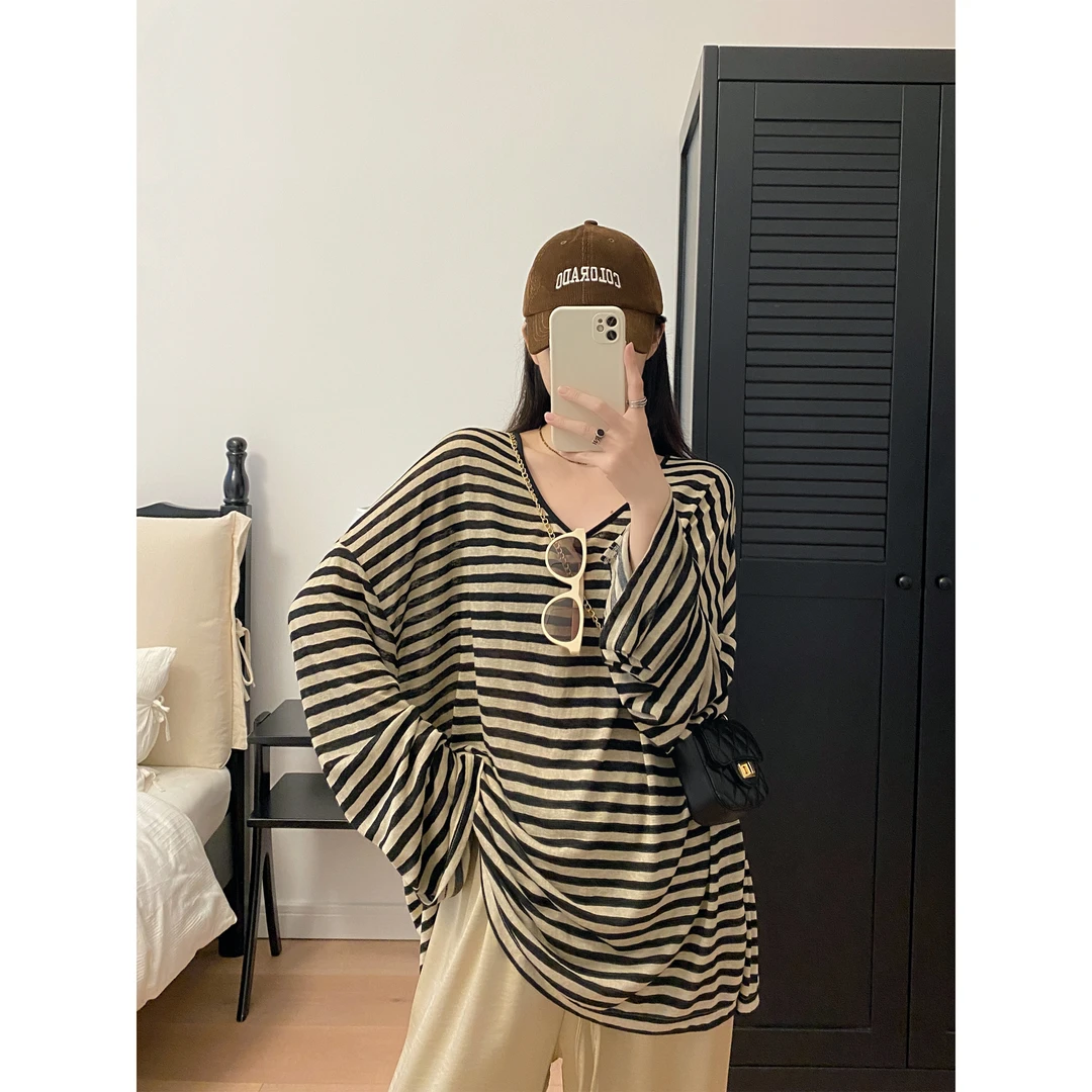 条纹大版T恤松弛感韩系U领t恤女夏季防晒衫薄款长袖上衣服