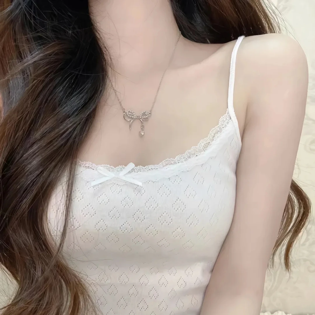 brandy bm白色纯欲纯棉爱心刺绣蕾丝拼接修身紧身纯棉吊带内搭