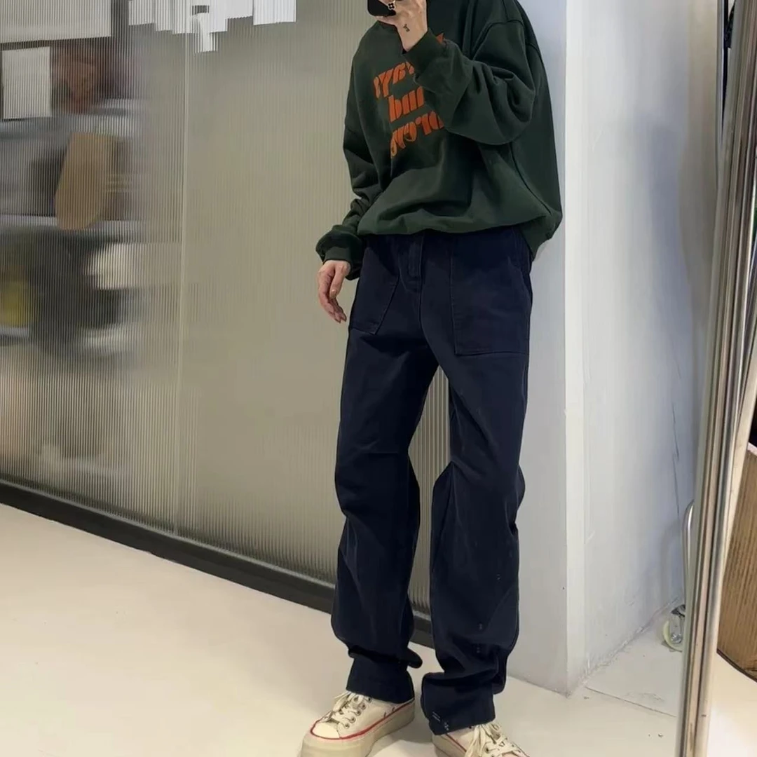 藏青色直筒休闲工装裤