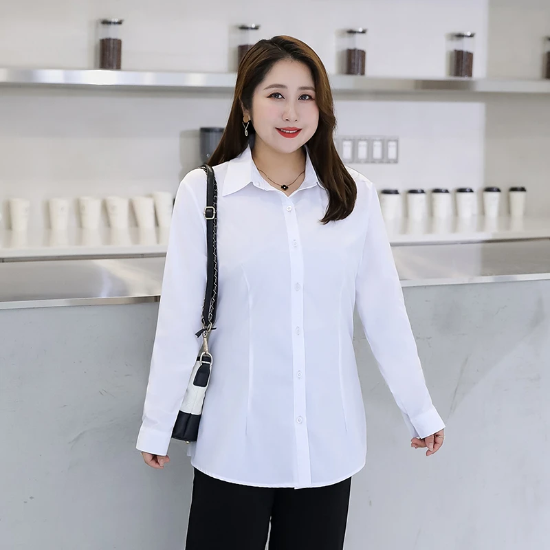 大码衬衣女加肥加大码长袖衬衫胖mm220斤职业正装春秋白色工作服