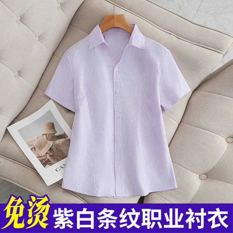 加大码胖MM200斤职业正装紫白竖条纹衬衫女短袖衬衣ol银行工作服