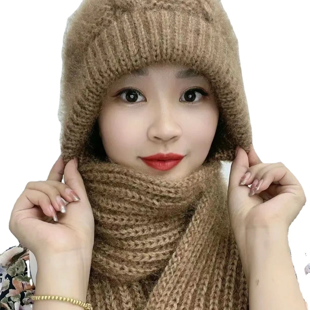 冬季妈妈帽子围巾一体加绒加厚风雪帽新款毛线编织保暖骑车帽子女