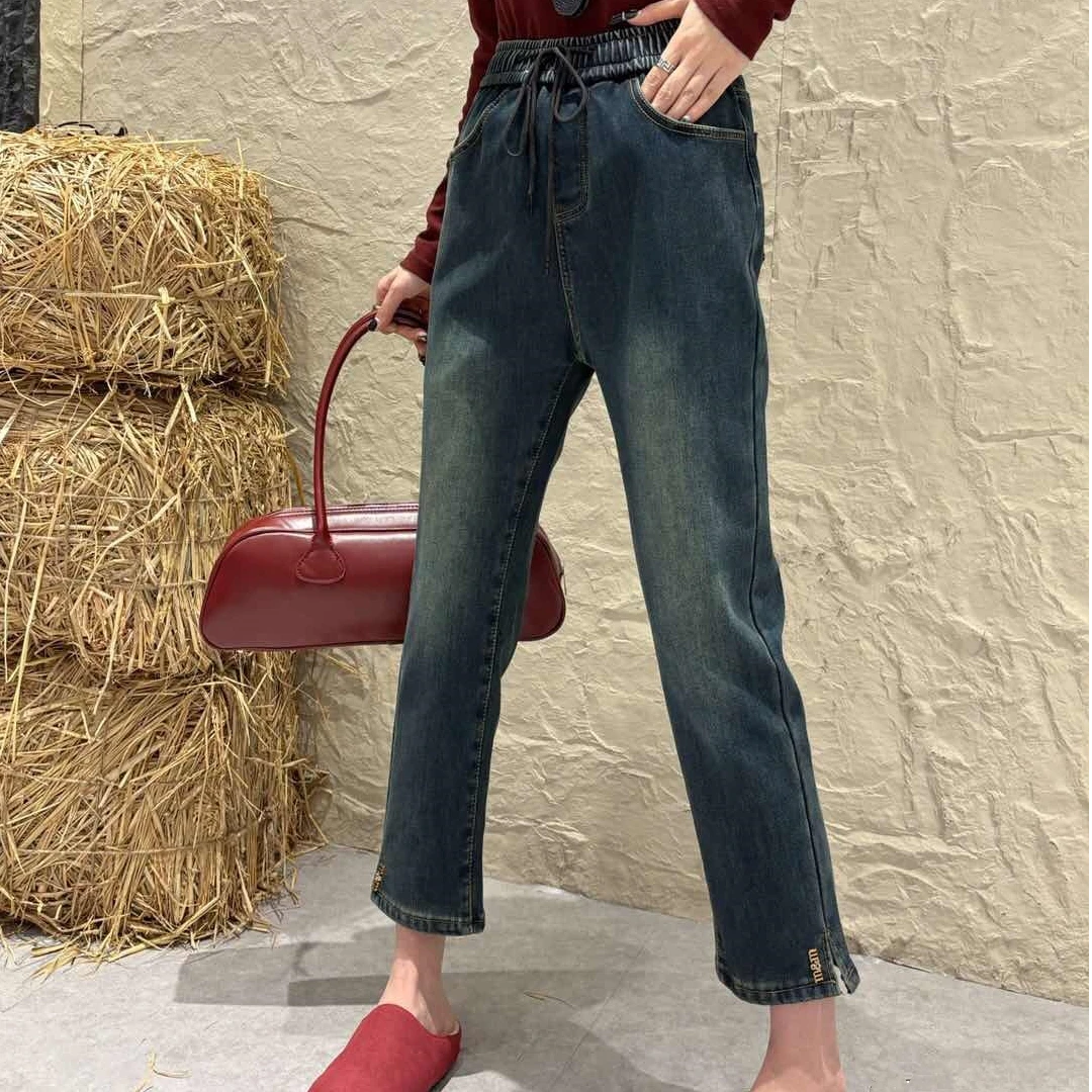 奇奇家潮派宽松大码冬季新款韩版高腰高弹加厚保暖九分牛仔烟管裤