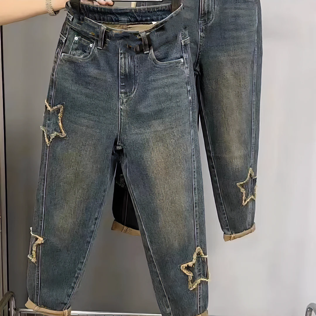 潮派宽松大码秋冬新款韩版高腰高弹休闲立体星星牛仔老爹裤476