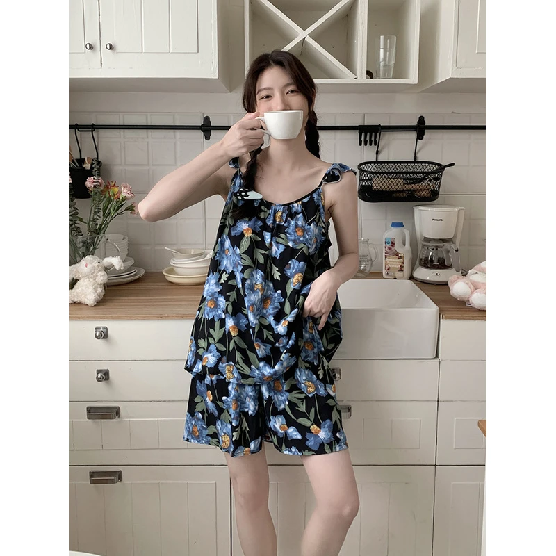 睡衣女新款棉绸红格子吊带薄款吊带短裤人造棉套装家居服初中生女