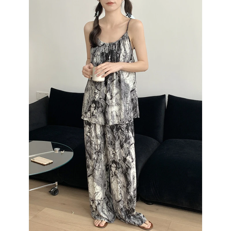 高个子吊带拖地裤棉绸睡衣女高级感国风泼墨可外穿阔腿裤家居套装