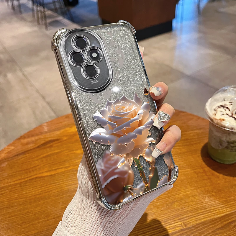 适用于水晶玫瑰荣耀200pro手机壳新款华为100套气囊防摔90全包80