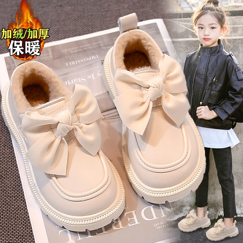 巴拉童年女童小皮鞋冬季2024新款儿童蝴蝶结公主鞋女孩加绒保暖白