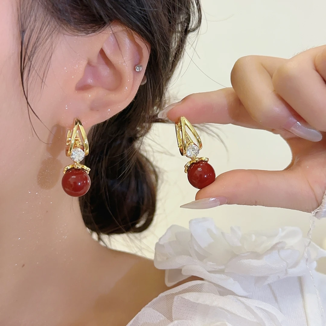 铜合金耳饰 时尚耳扣红色耳环2024新款设计高级气耳饰网红蝴蝶结